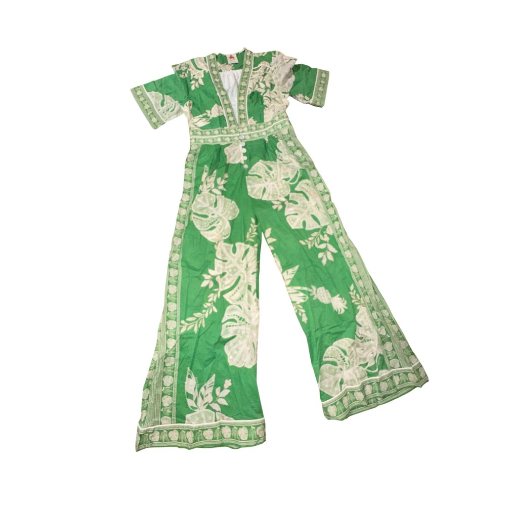 Farm Rio Monsteras Green Spring/ Summer Jumpsuit Size Large Light Green Pattern